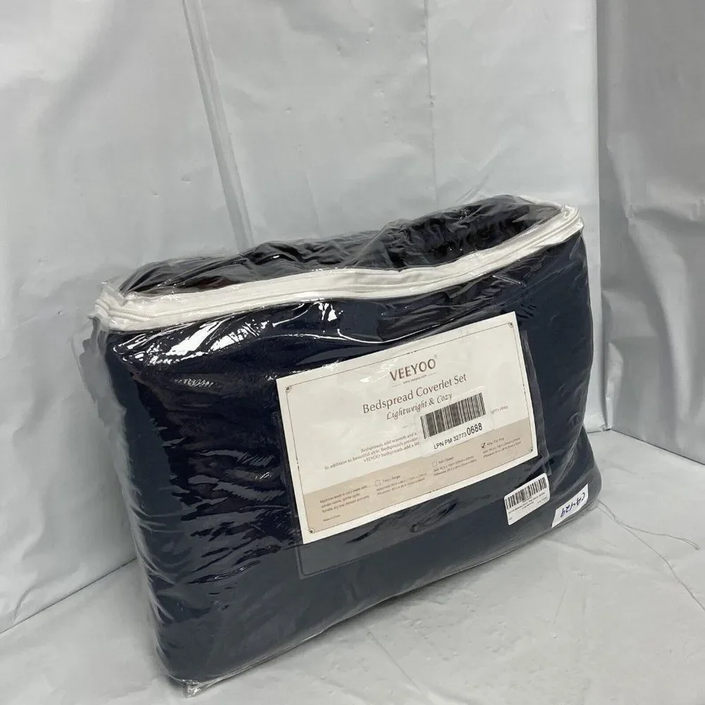 VEEYOO Navy 3 Pieces Bedspread Ultrasonic Embossing Lightweight Quilt Set ca429